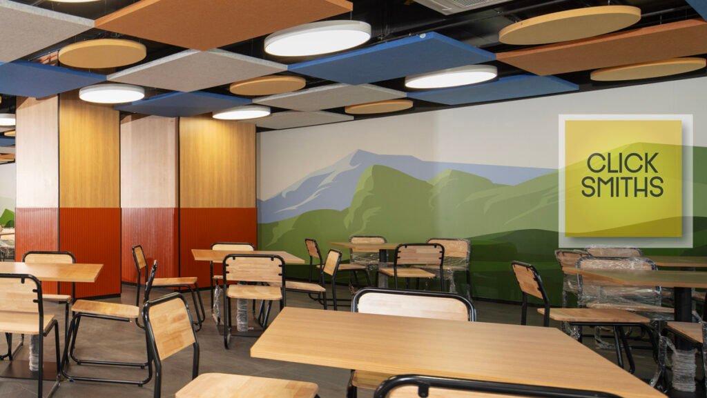 Modern office interior with colorful ceiling design. Interior photography in mumbai